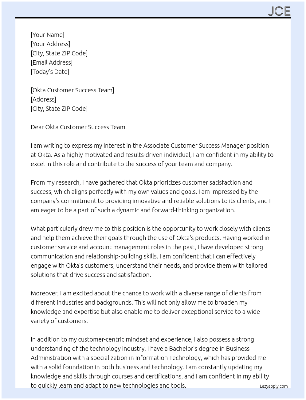 Associate Customer Success Manager At Okta Cover Letter