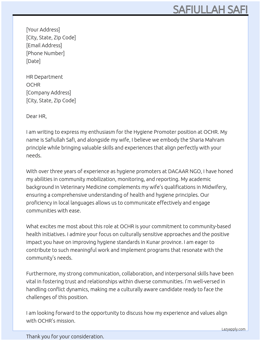 Cover letter for hygiene promoters - LazyApply