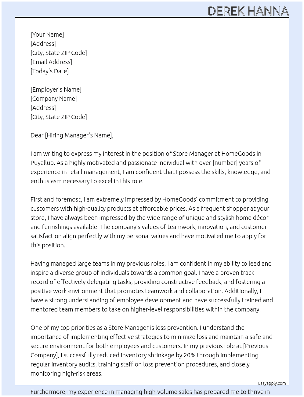 Store manager At HomeGoods Cover Letter