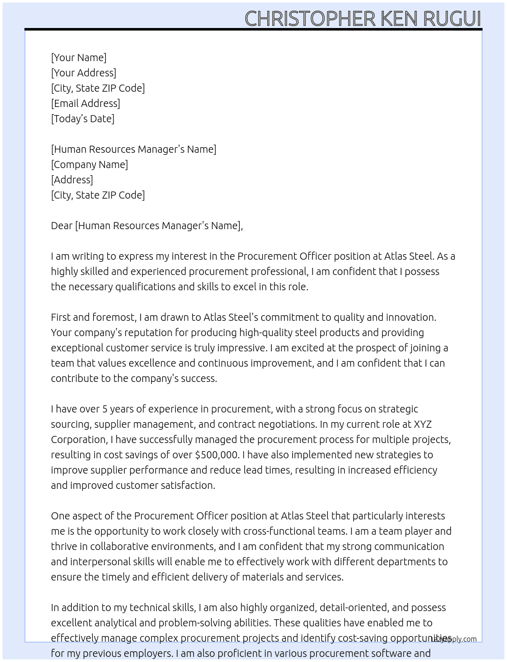 Procurement Officer At Atlas Steel Cover Letter