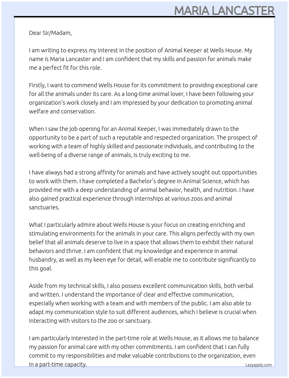 Animal Keeper At Wells House Cover Letter