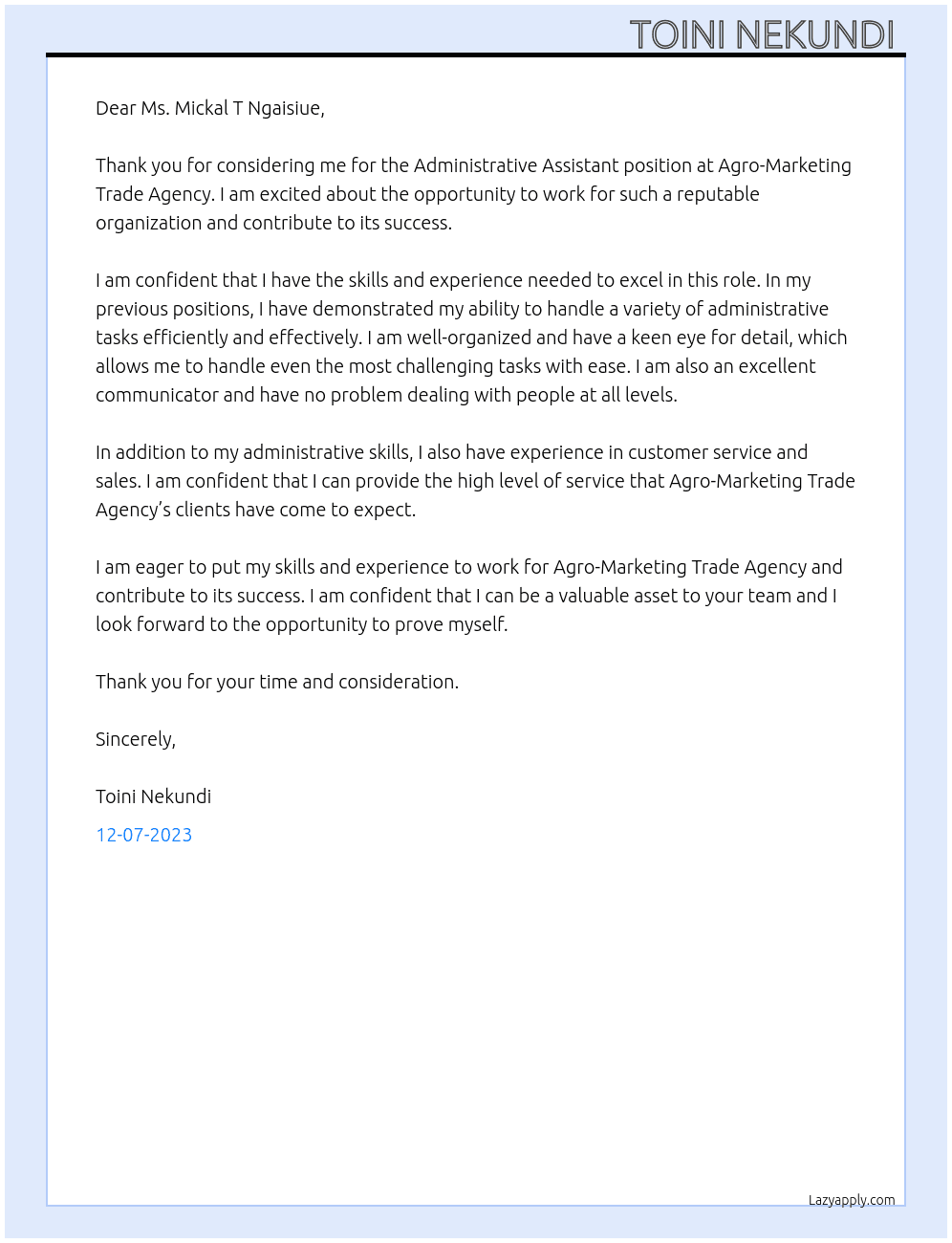 Administrative Assistant  At Agro-Markerting Trade Agency  Cover Letter
