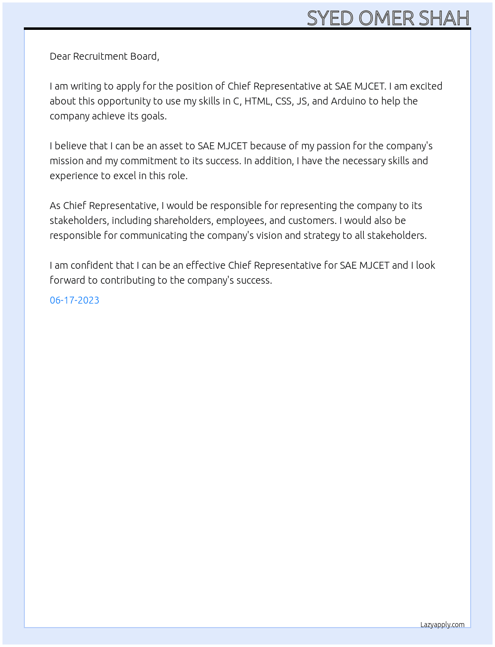 Chief Representative  At SAE MJCET Cover Letter