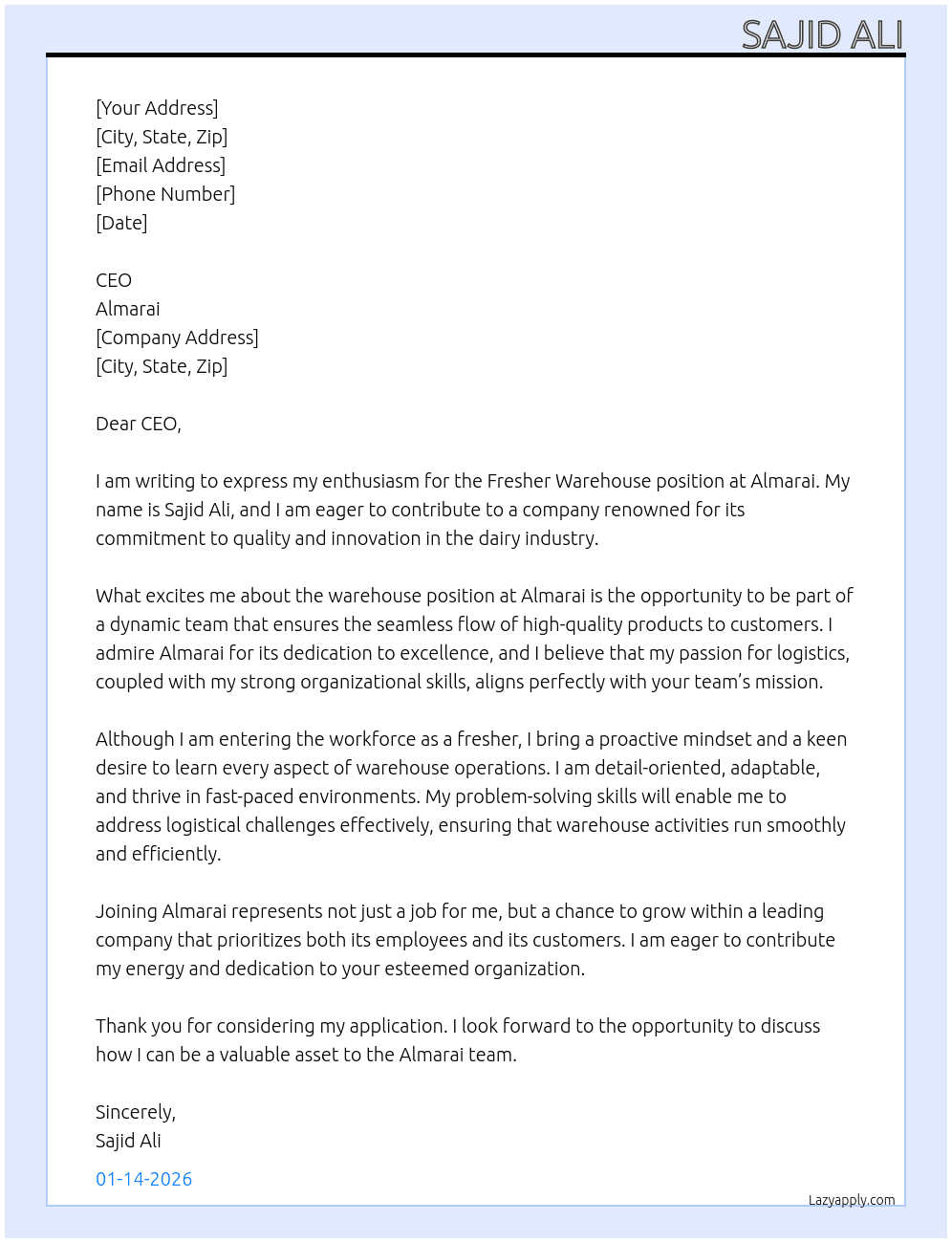 Fresher warehouse  At Almarai Cover Letter