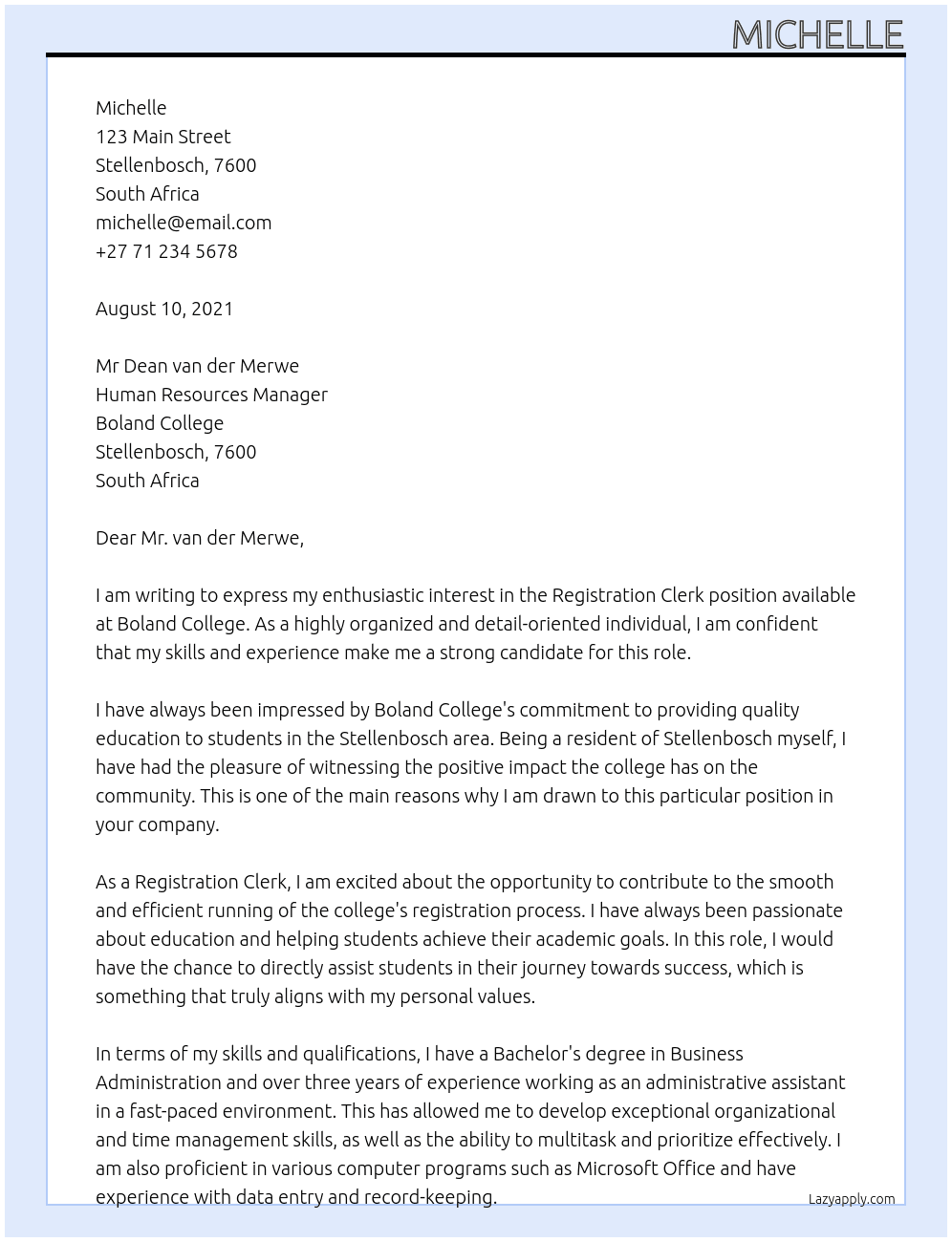REGISTRATION CLERK At Boland College Cover Letter