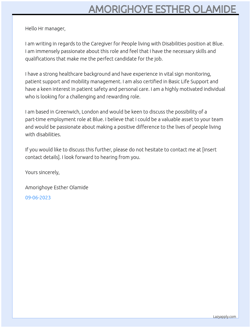 Caregiver for People living with Disabilities  At Blue  Cover Letter