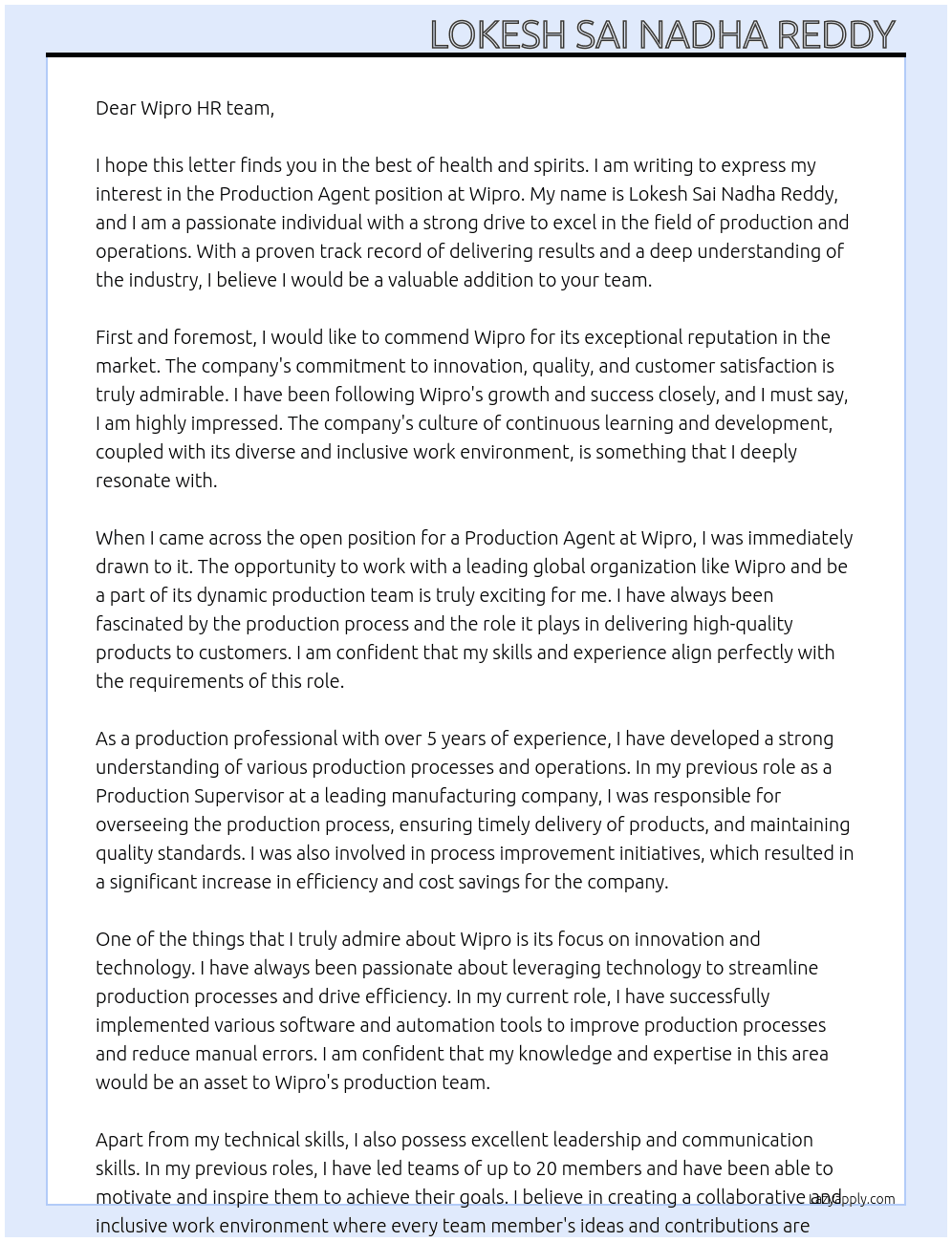 Production Agent  At Wipro  Cover Letter