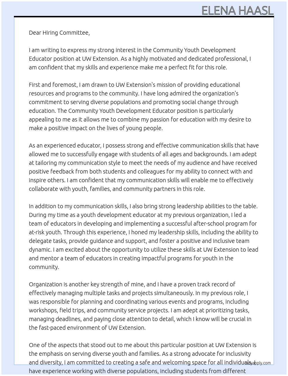 Community Youth Development Educator At UW Extension Cover Letter
