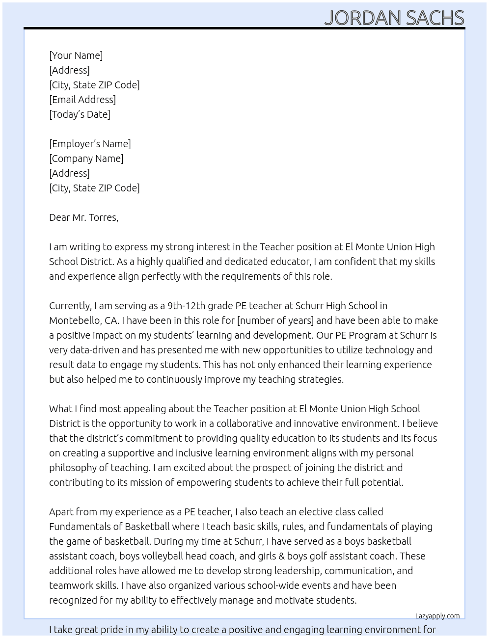 Teacher At El Monte Union High School District Cover Letter