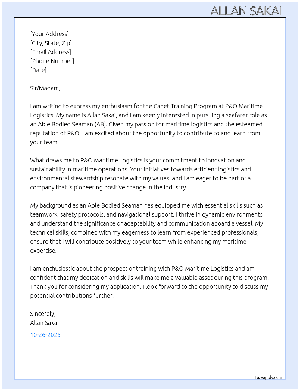  cadet training program  At P&O Maritime logistics  Cover Letter