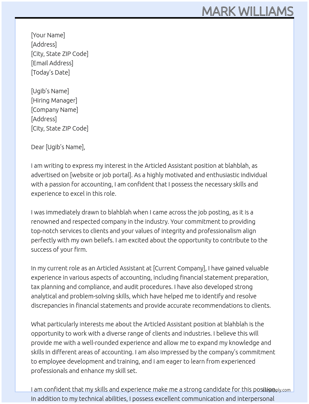 Articled assostant At blahblah Cover Letter