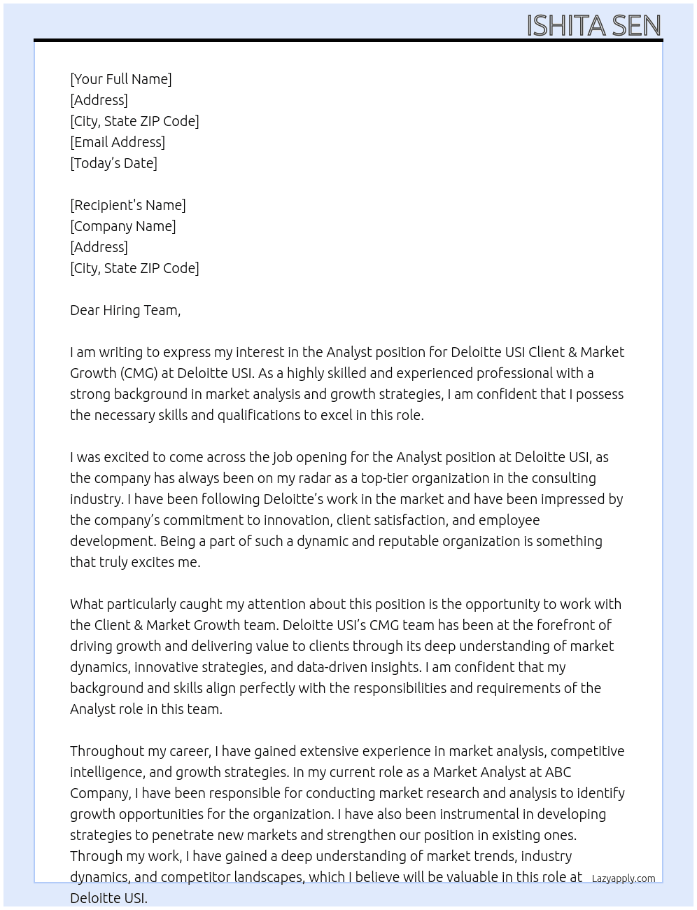 Analyst, Deloitte USI Client & Market Growth (CMG) At Delloite USI Cover Letter