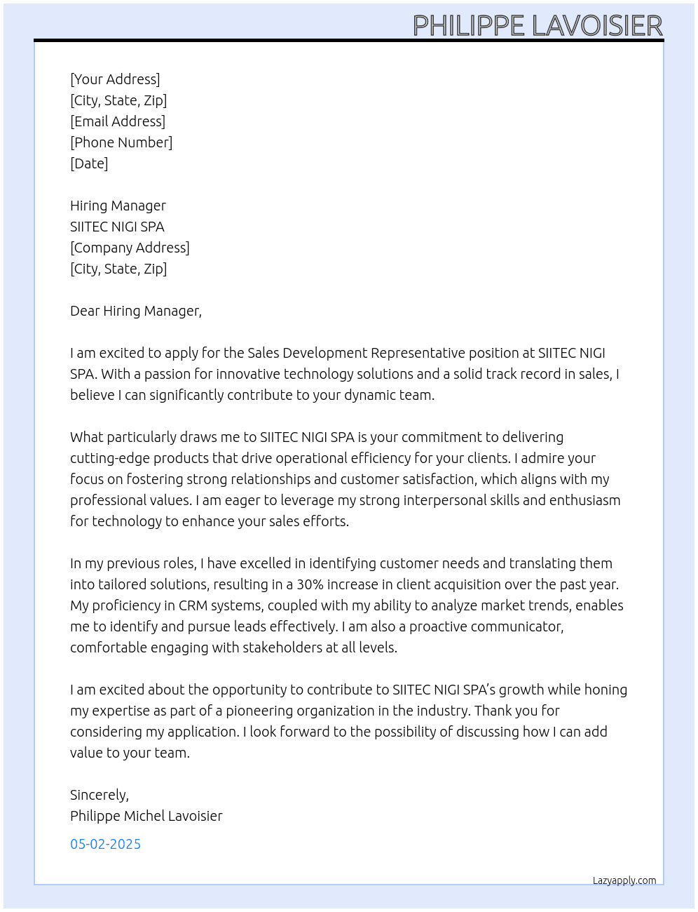 SALES DEVELOPMENT REPRESENTATIVE At SIITEC NIGI SPA Cover Letter