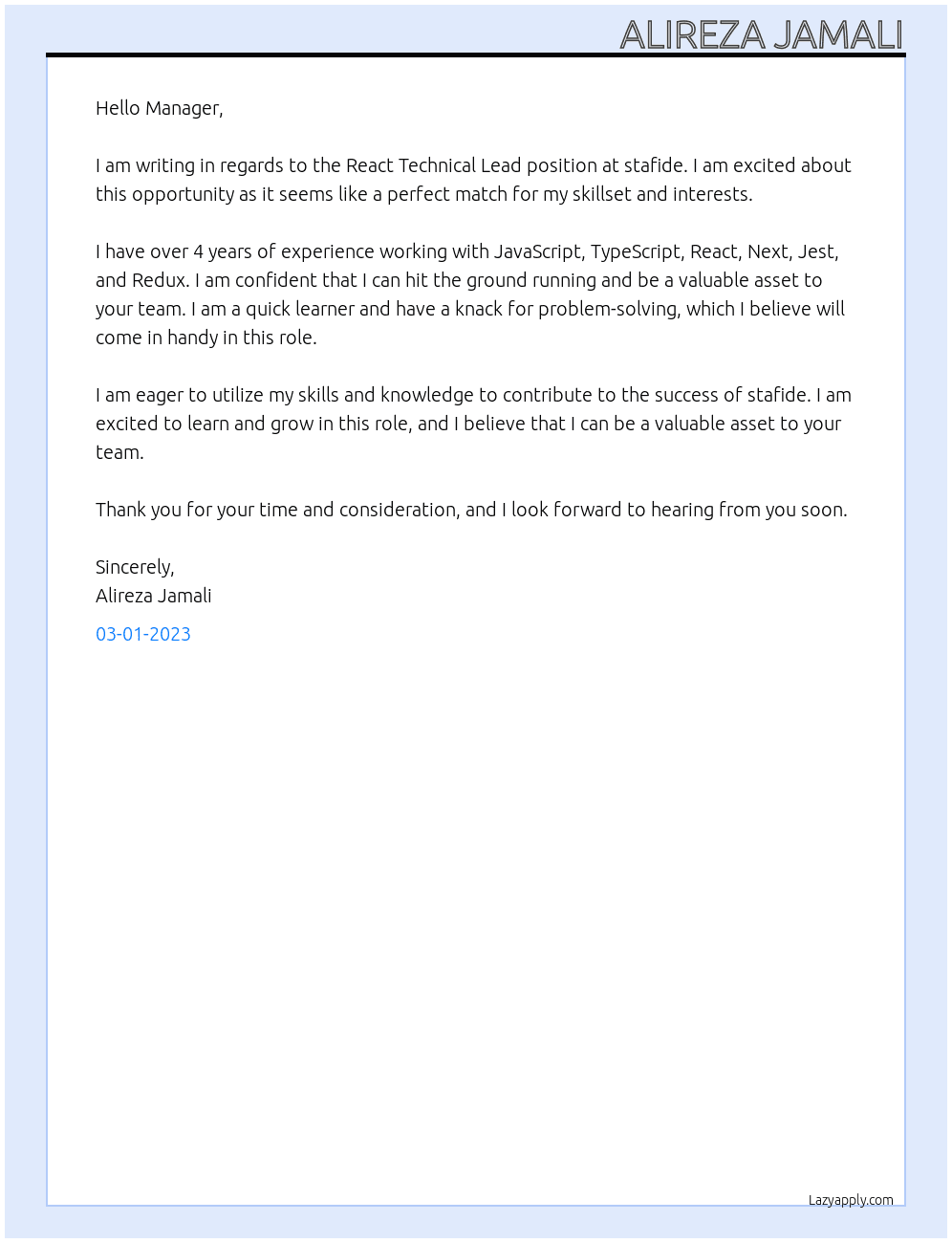 React Technical Lead At stafide Cover Letter