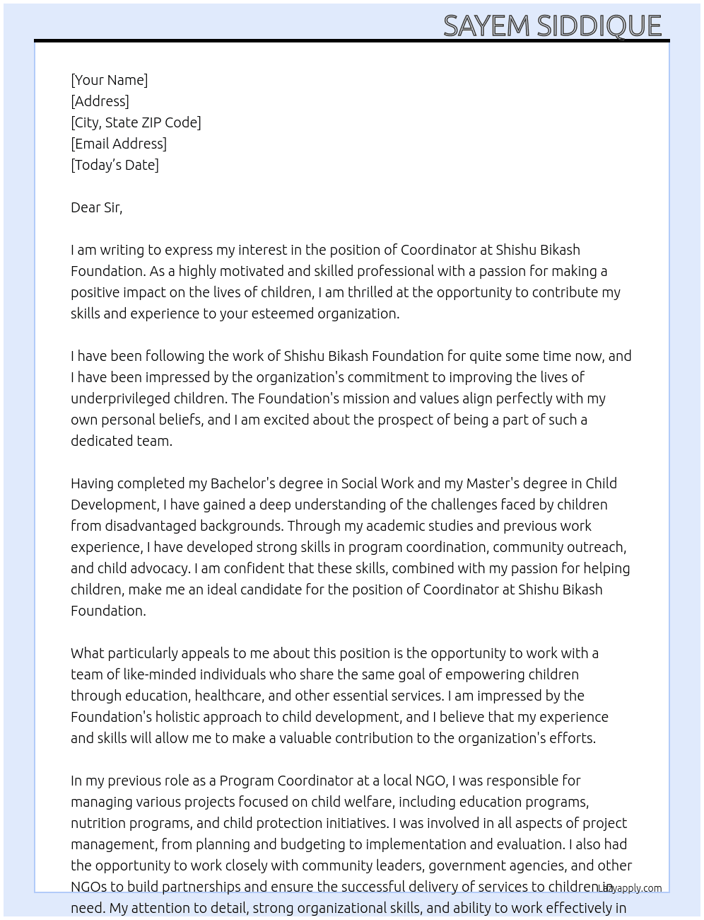 co ordinator At Shishu Bikash Foundation Cover Letter