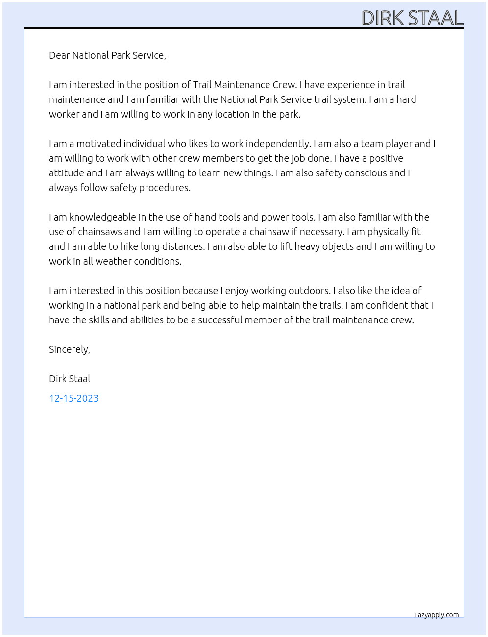 Trail Maintenance Crew  At National Park Service Cover Letter
