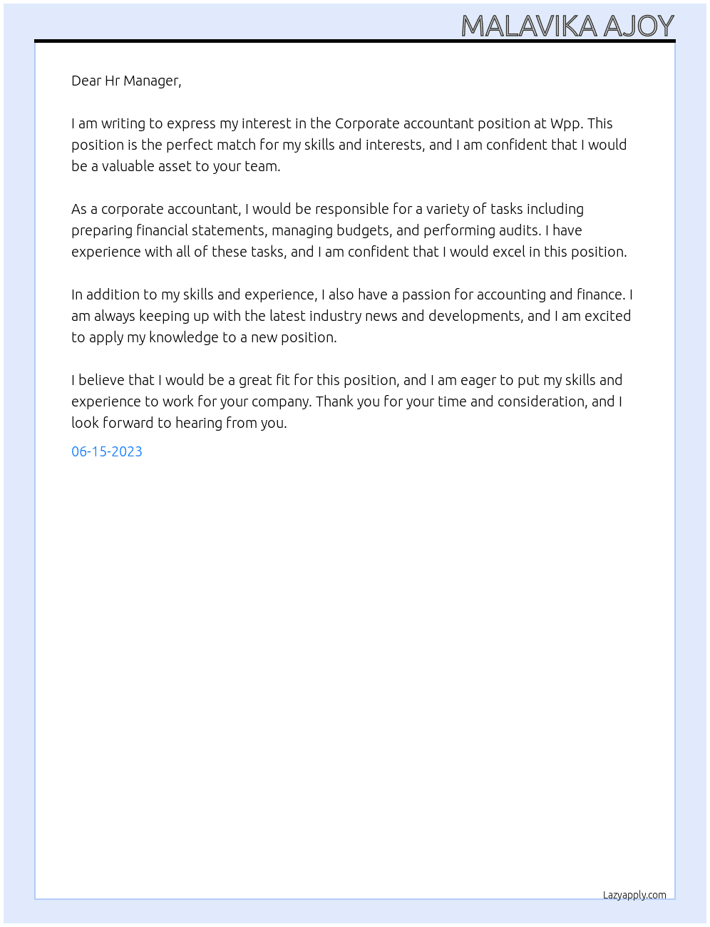 Corporate accountant At Wpp Cover Letter