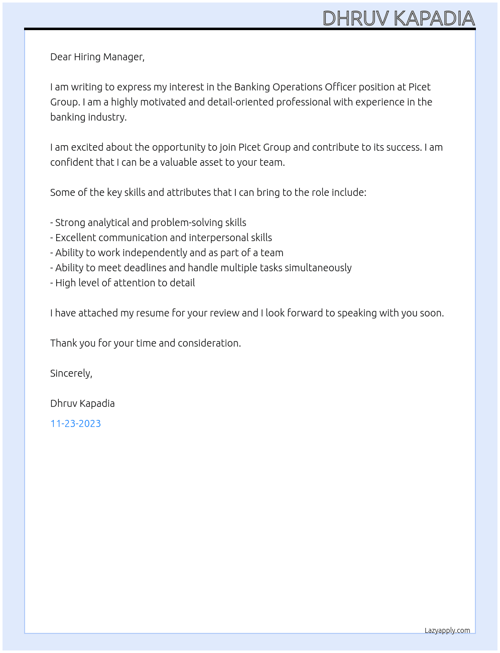  Banking Operations Officer At Picet Group Cover Letter