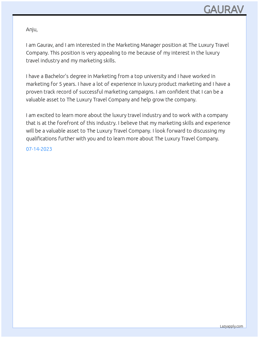 Marketing Manager  At The Luxury Travel Company  Cover Letter