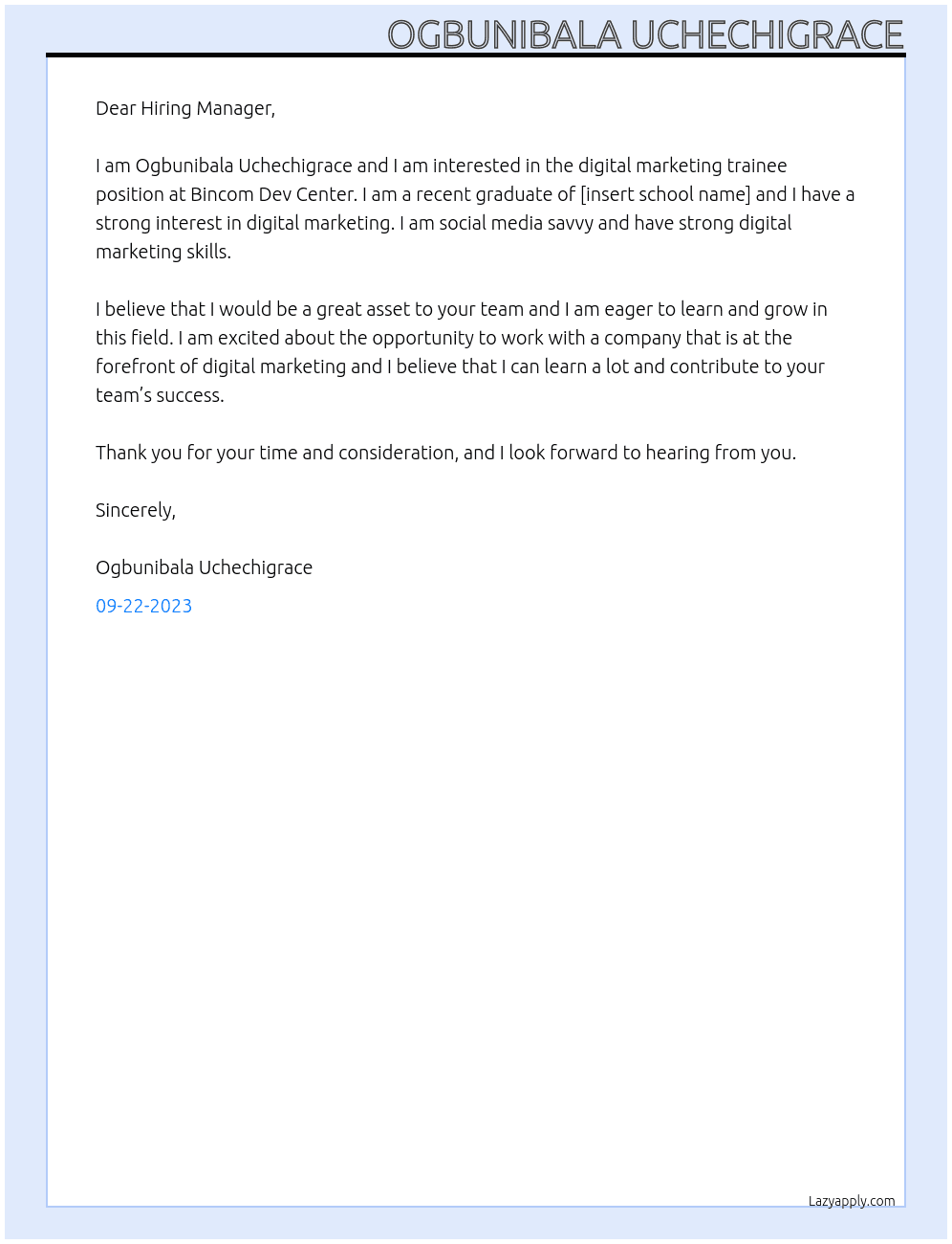 Digital marketing trainee At Bincom dev center Cover Letter