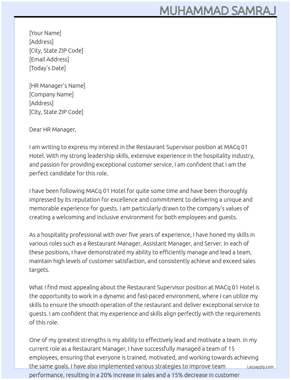 Restaurant Supervisor At MACq 01 Hotel Cover Letter