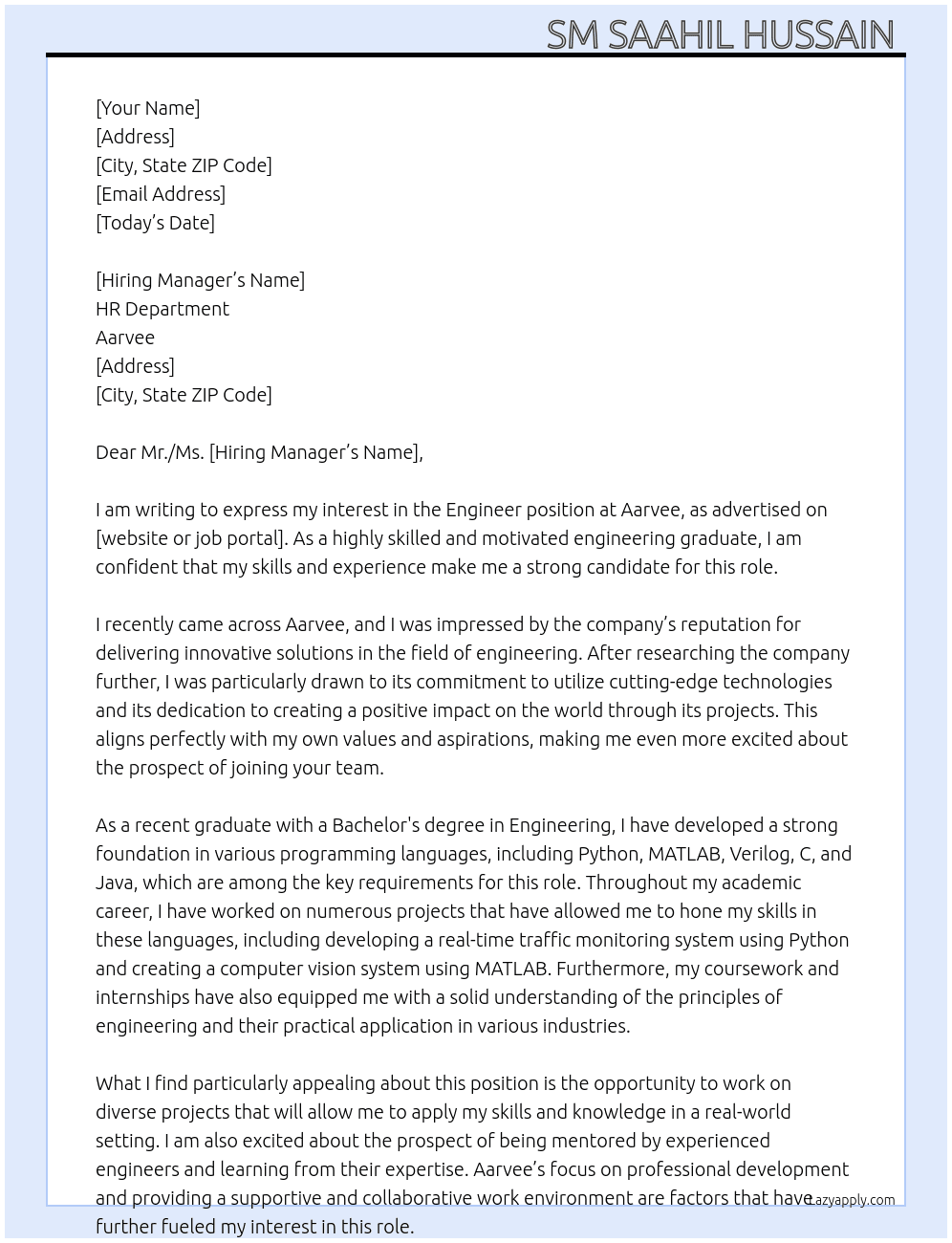 Engineer  At Aarvee  Cover Letter