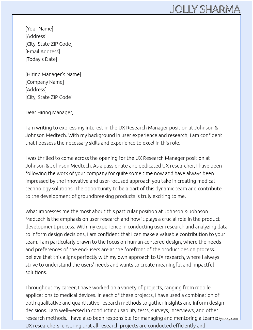 UX Research Manager At Johnson & Johnson Medtech Cover Letter