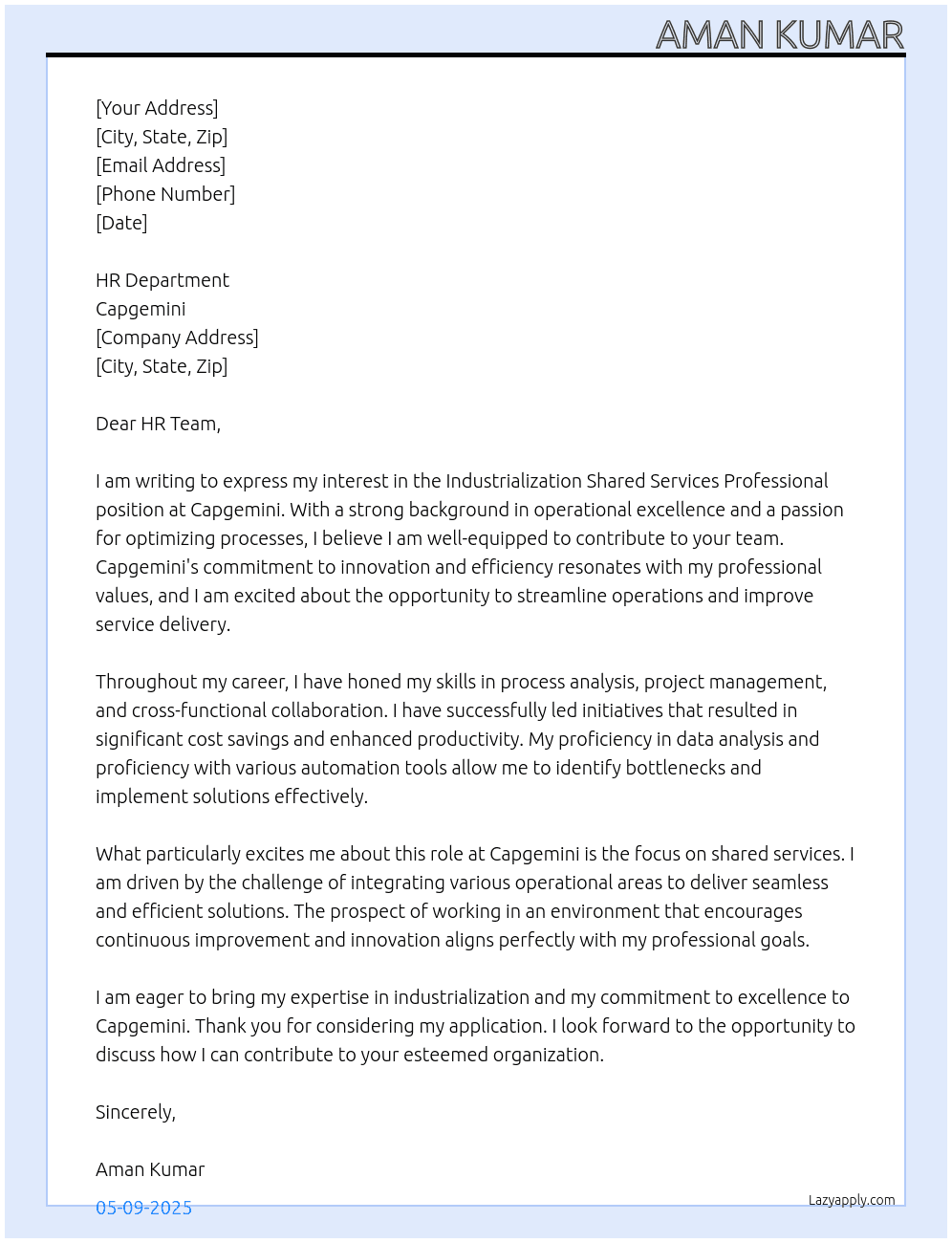 Cover letter for industrialization shared services professional - LazyApply