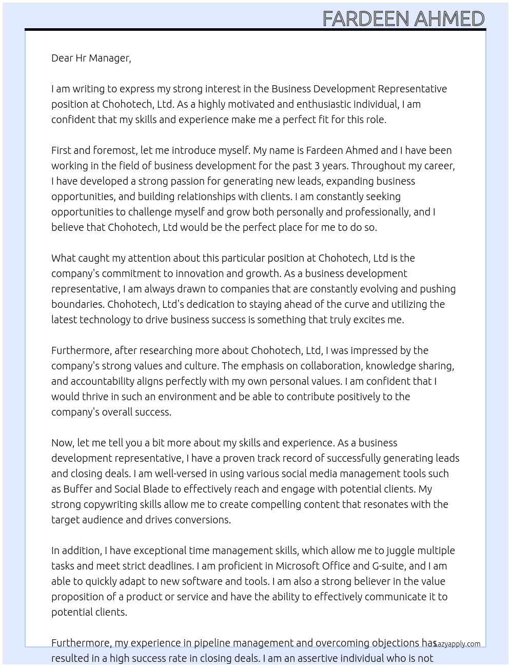 Business development representative  At Chohotech, Ltd Cover Letter