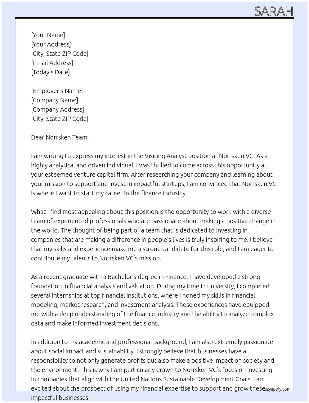 Visiting Analyst At Norrsken VC Cover Letter