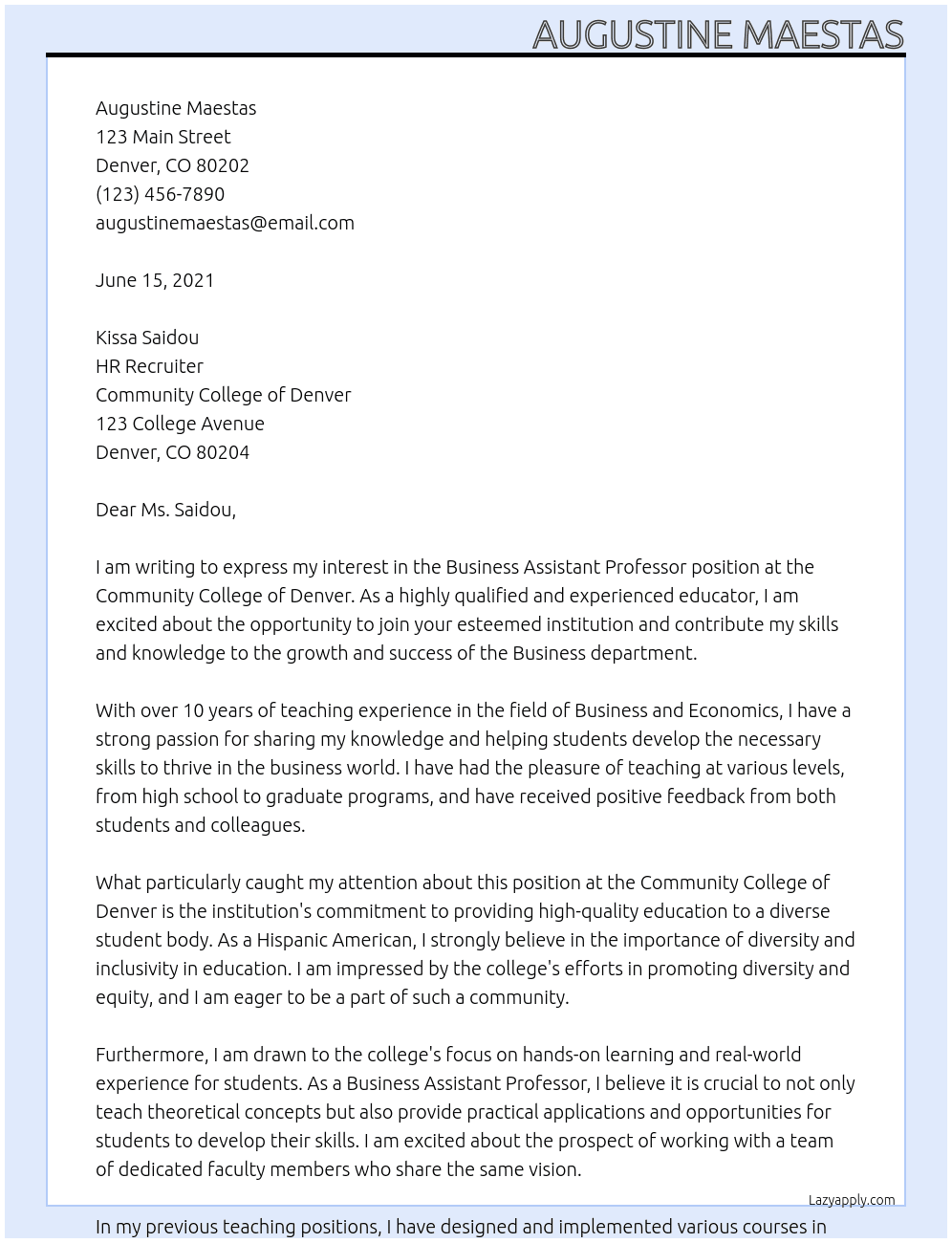 Business Assistant Professor At  Community College of Denver Cover Letter