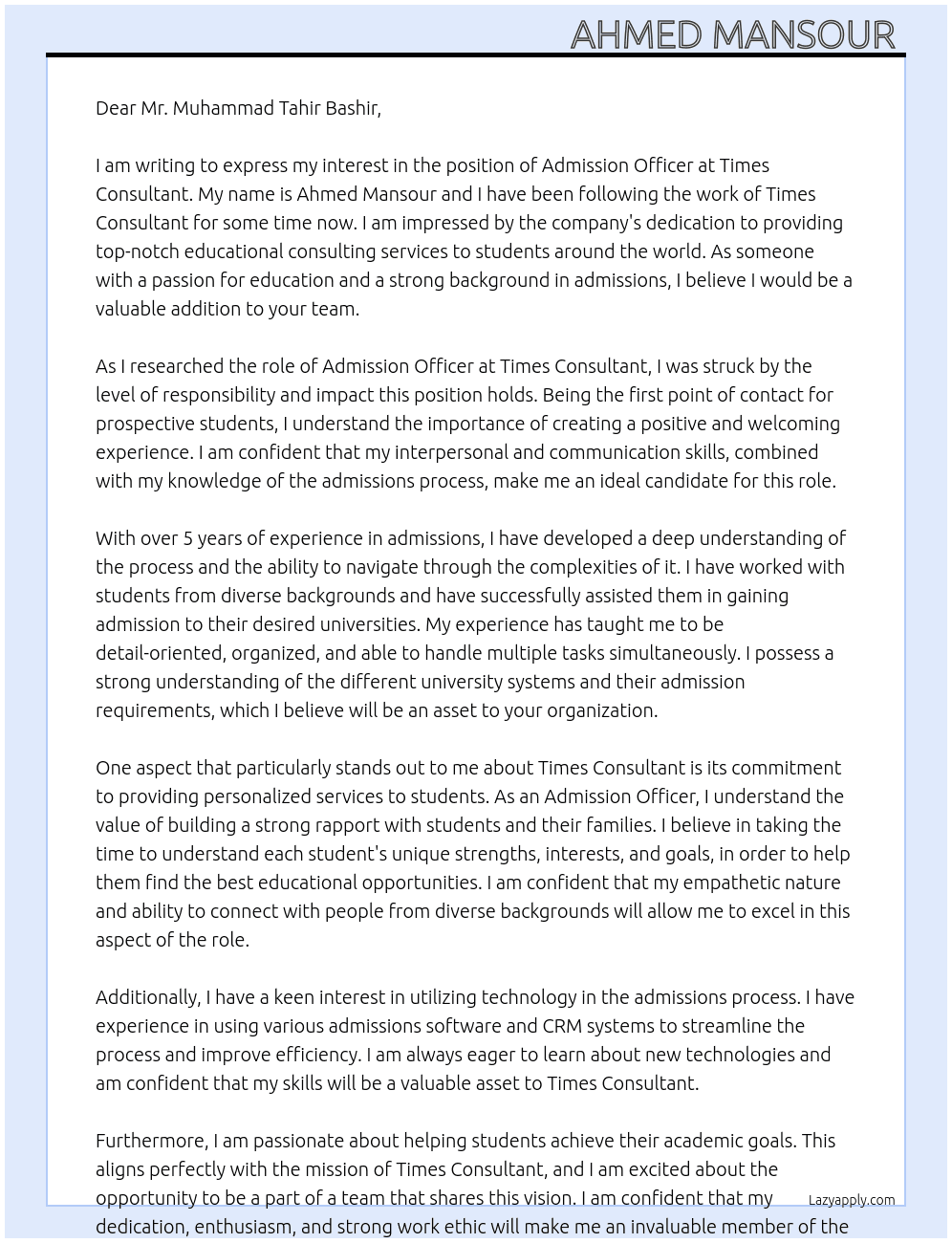 Admission officer  At Times Counsultant Cover Letter