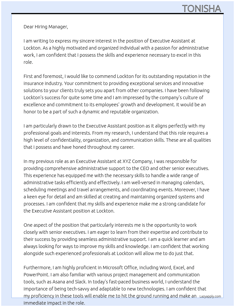 Executive assistant  At Lockton Cover Letter