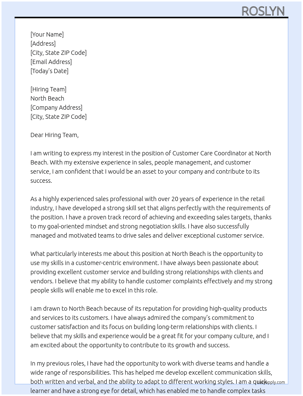 Customer care coordinator  At North Beach Cover Letter