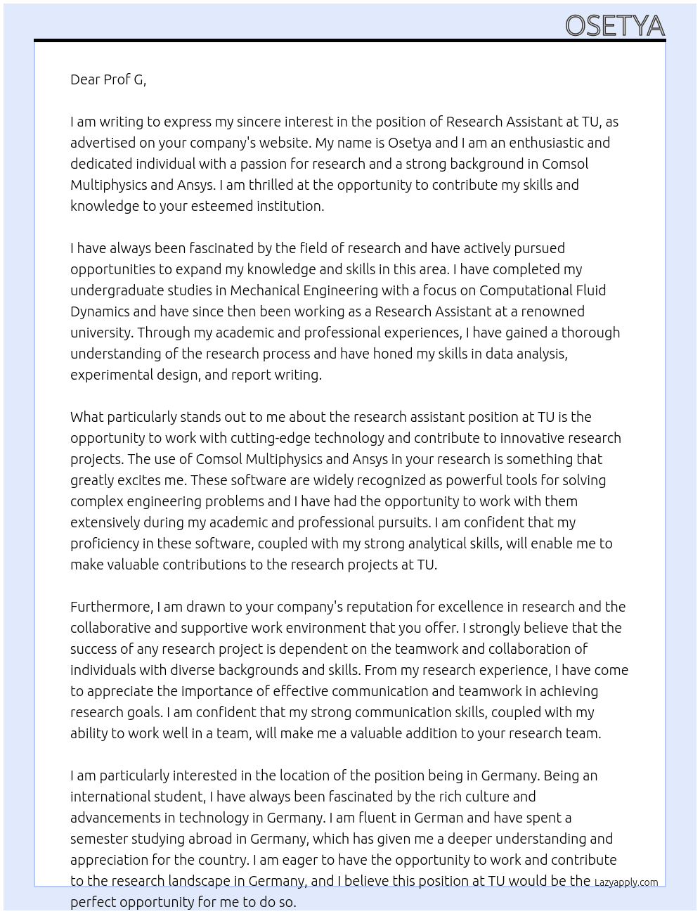 research assistant At TU  Cover Letter