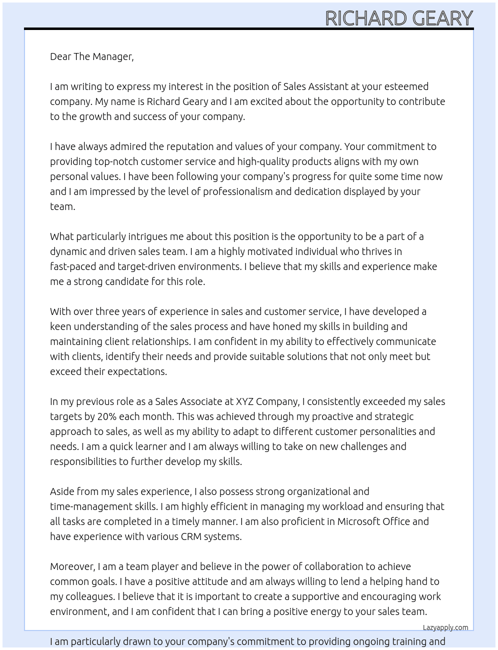 sales assistant At comapny name Cover Letter
