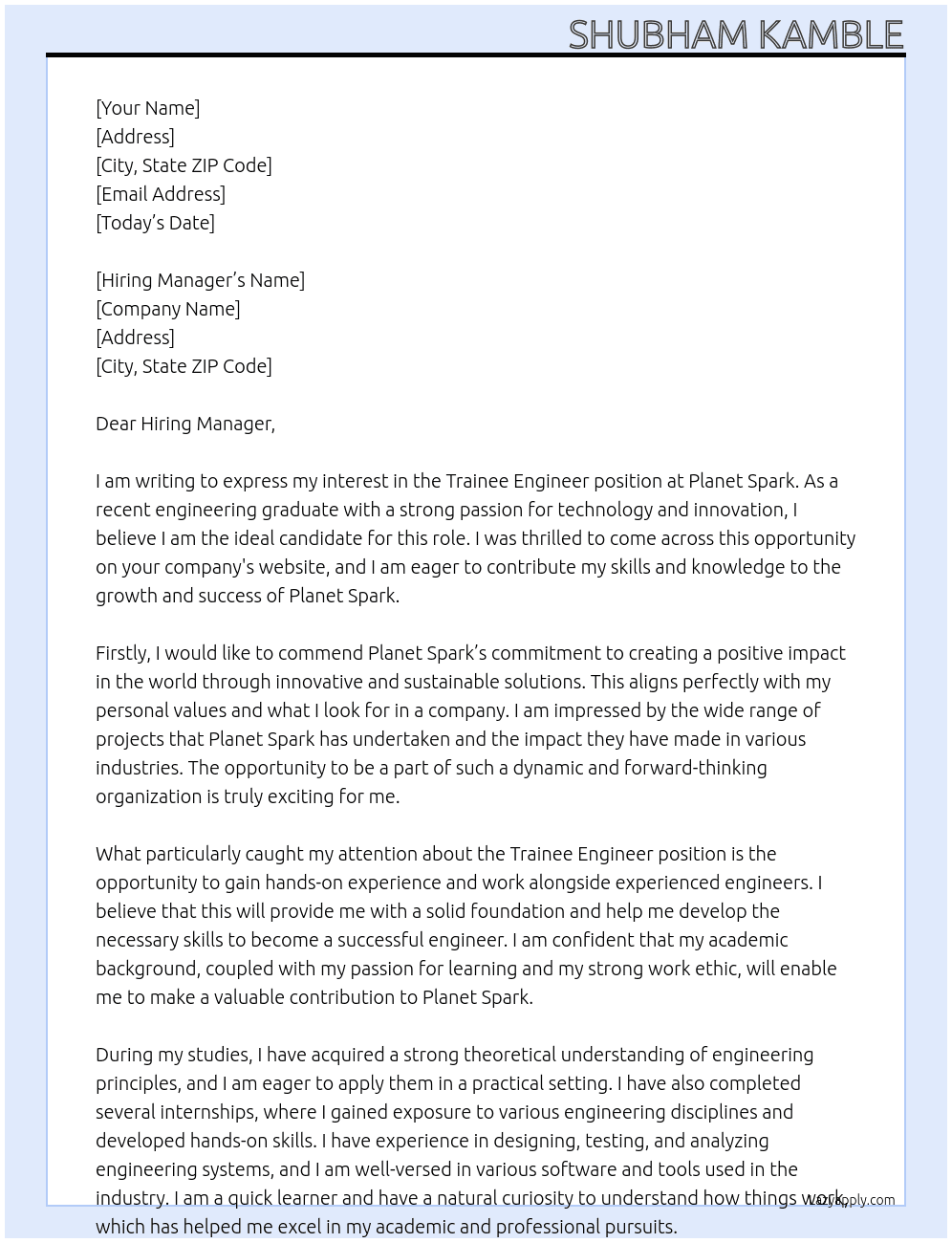 Trainee engineer  At Planet spark  Cover Letter
