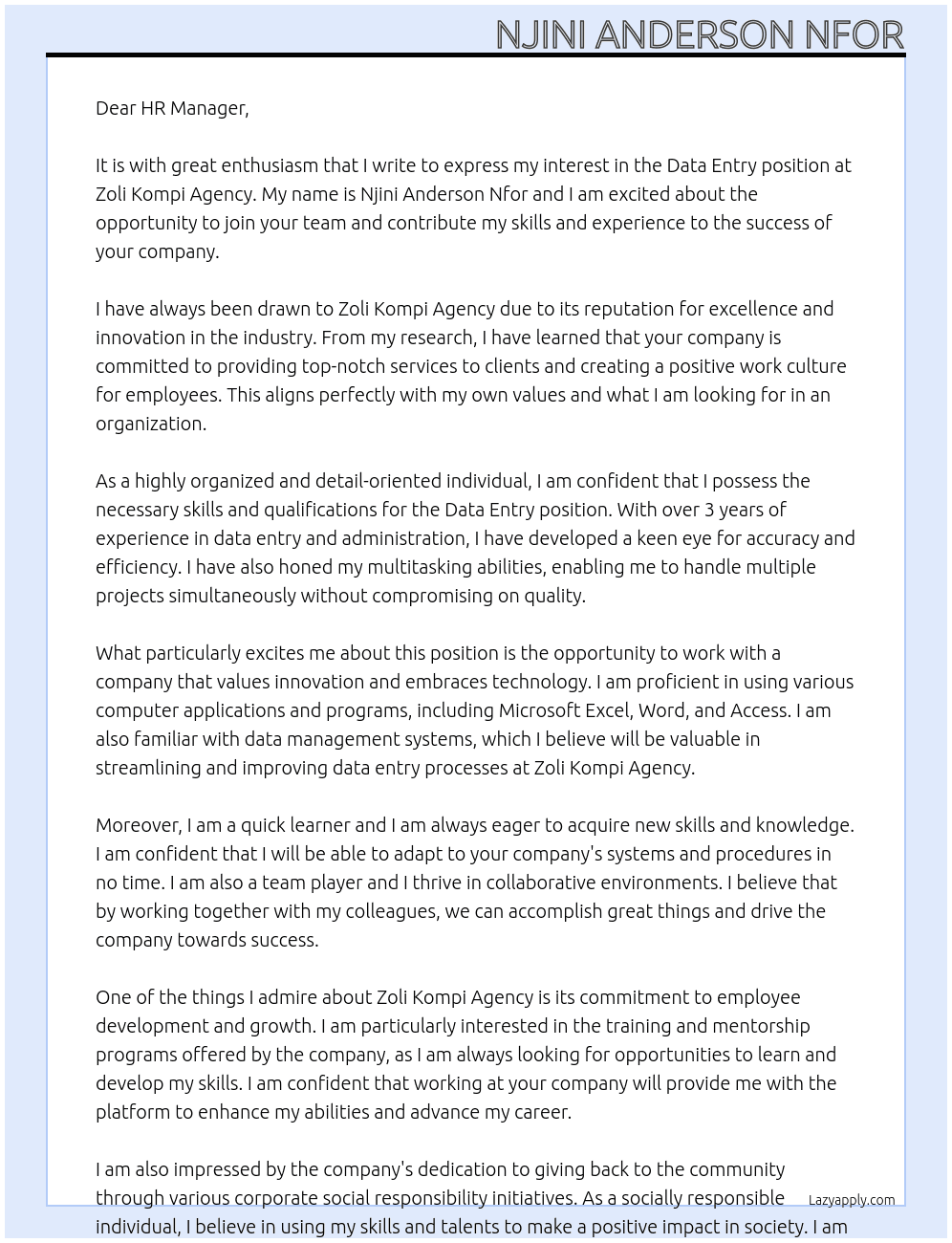 Data Entry At Zoli Kompi Agency  Cover Letter