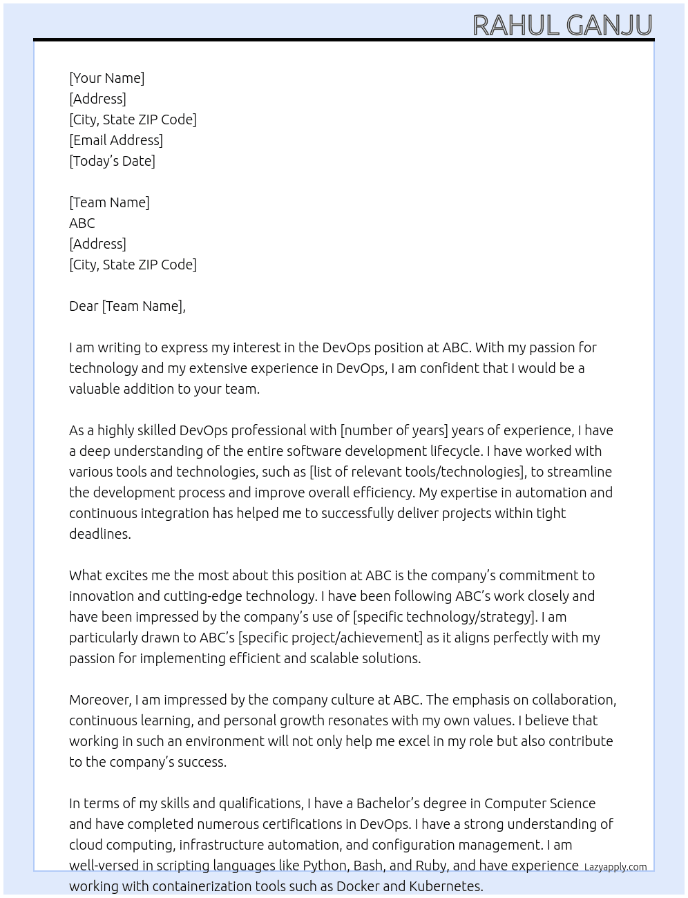 Devops At ABC Cover Letter