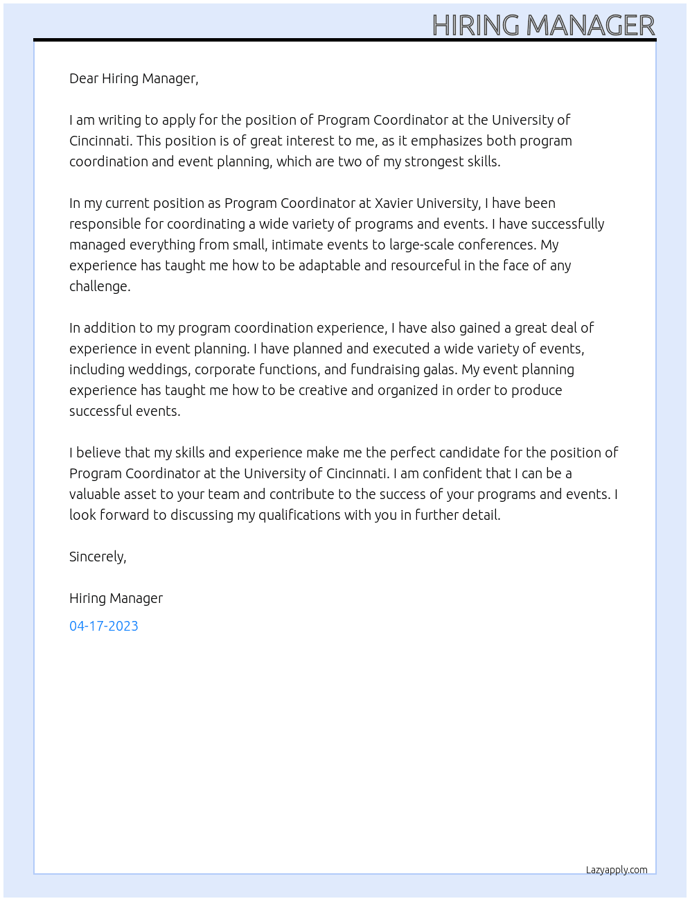 Proogram Coordinator At University of Cincinnati Cover Letter