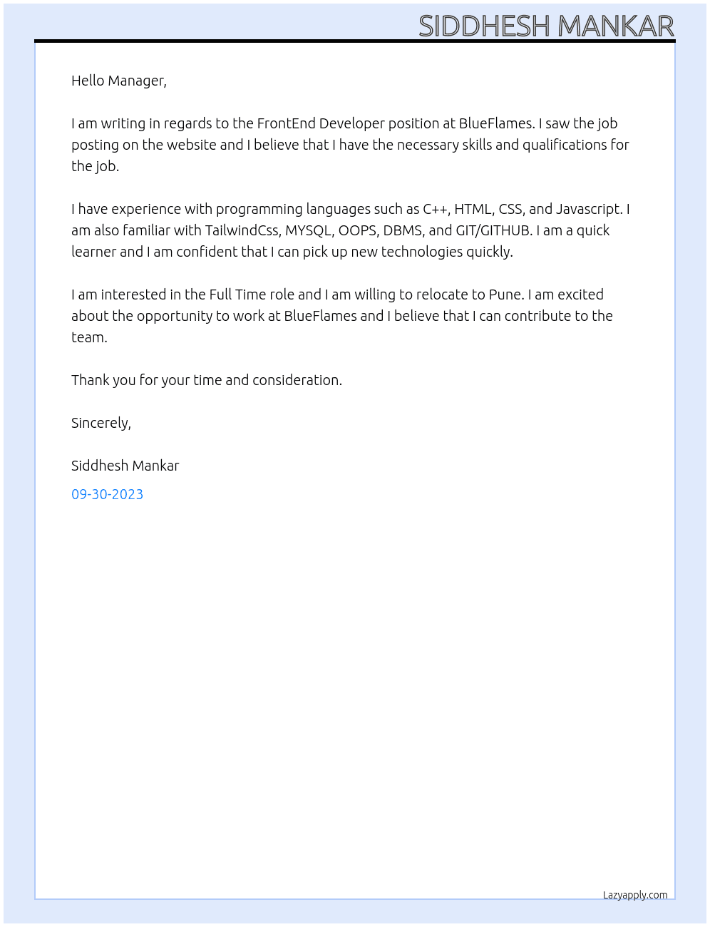 FrontEnd Developer At BlueFlames Cover Letter
