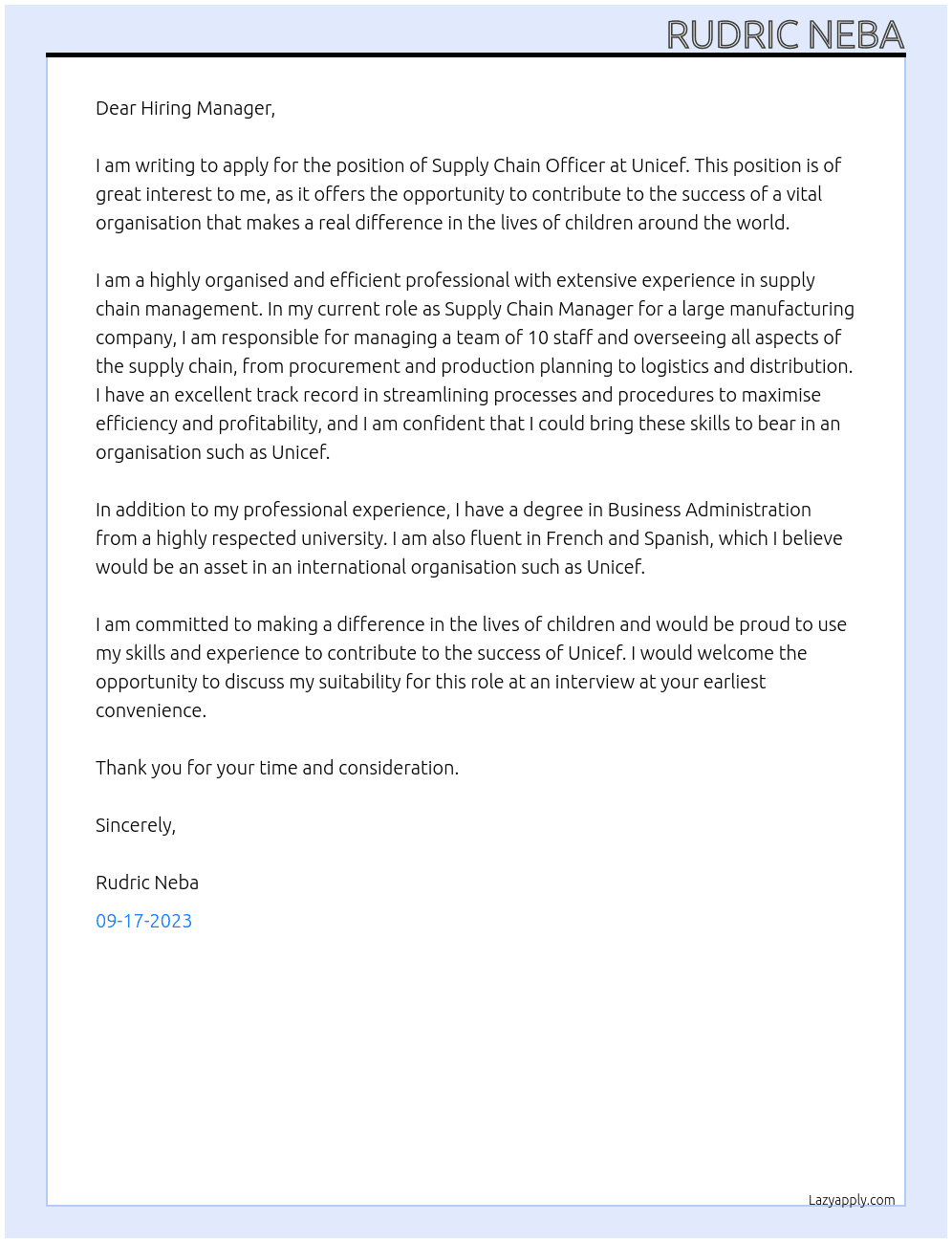 Supply Chain Officer At Unicef Cover Letter