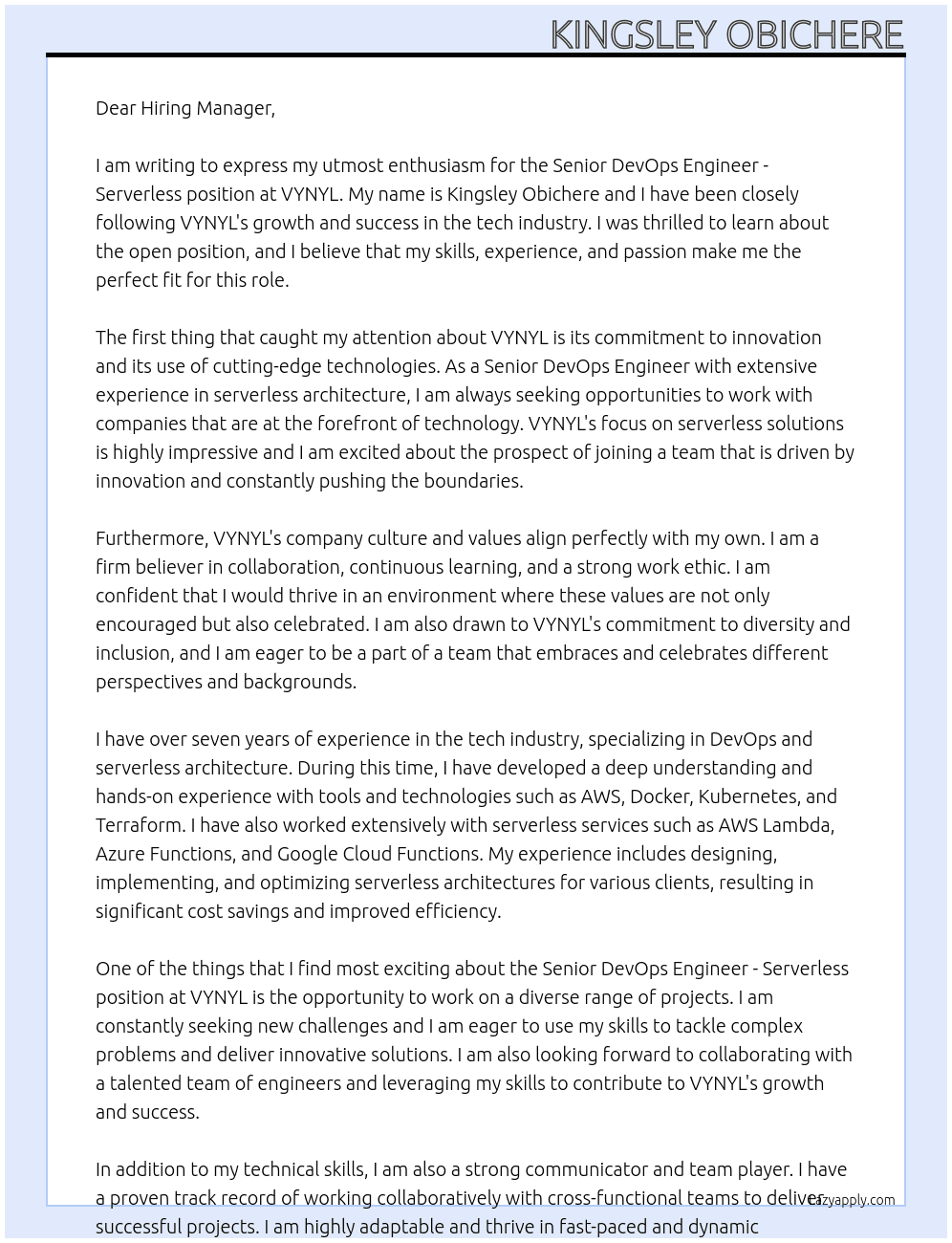 Senior DevOps Engineer - Serverless At VYNYL Cover Letter