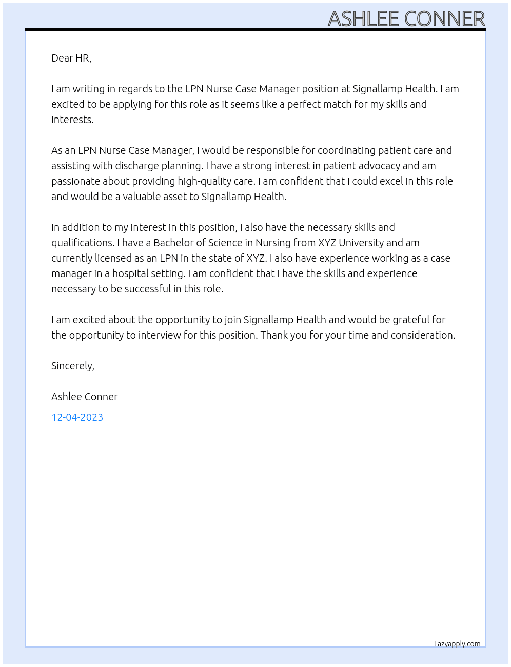 LPN Nurse Case Manager At Signallamp Health Cover Letter