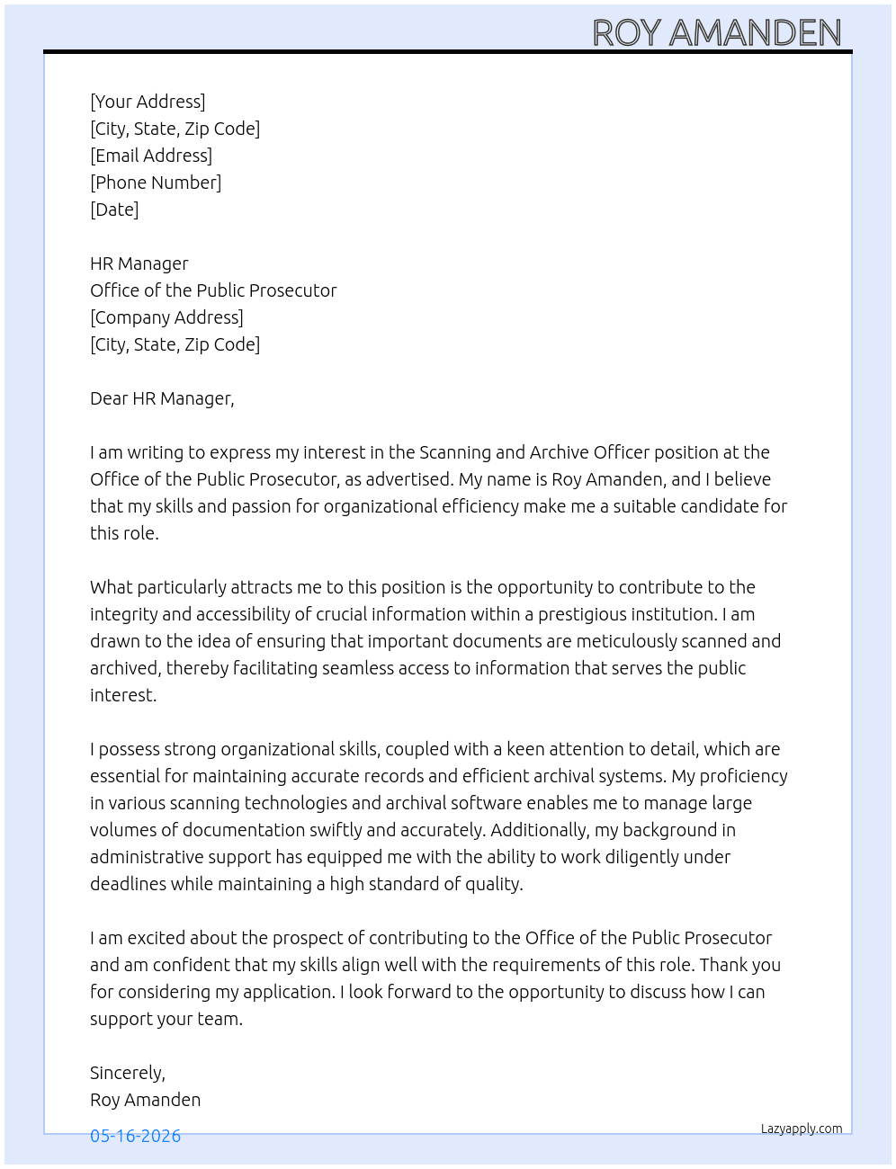 Scanning and archive officer At Office of the public prosecutor  Cover Letter