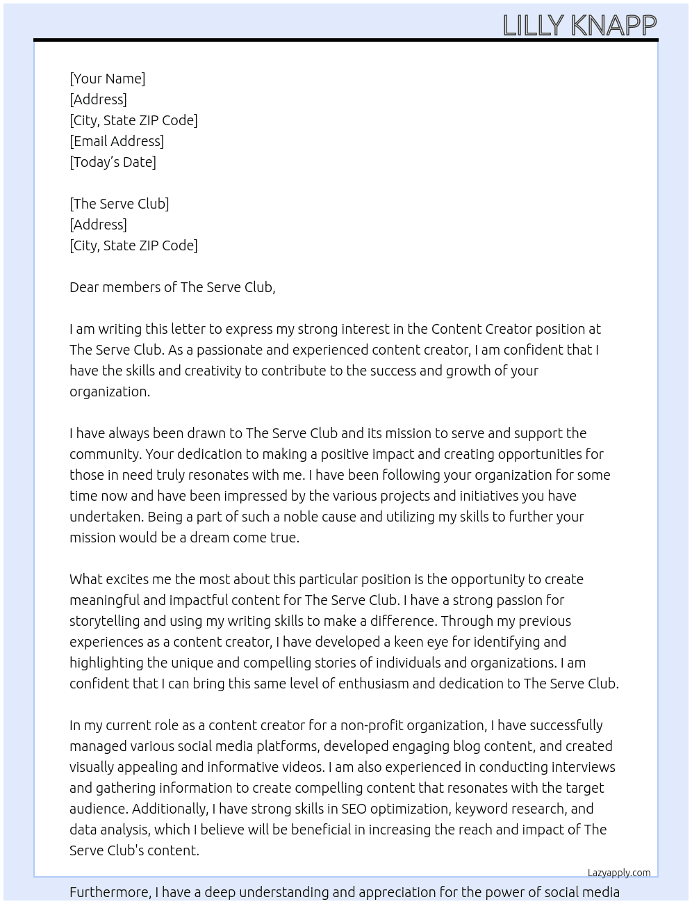 Content Creator  At The Serve Club  Cover Letter