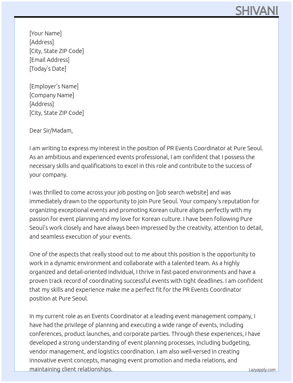PR Events Coordinator At Pure Seoul Cover Letter