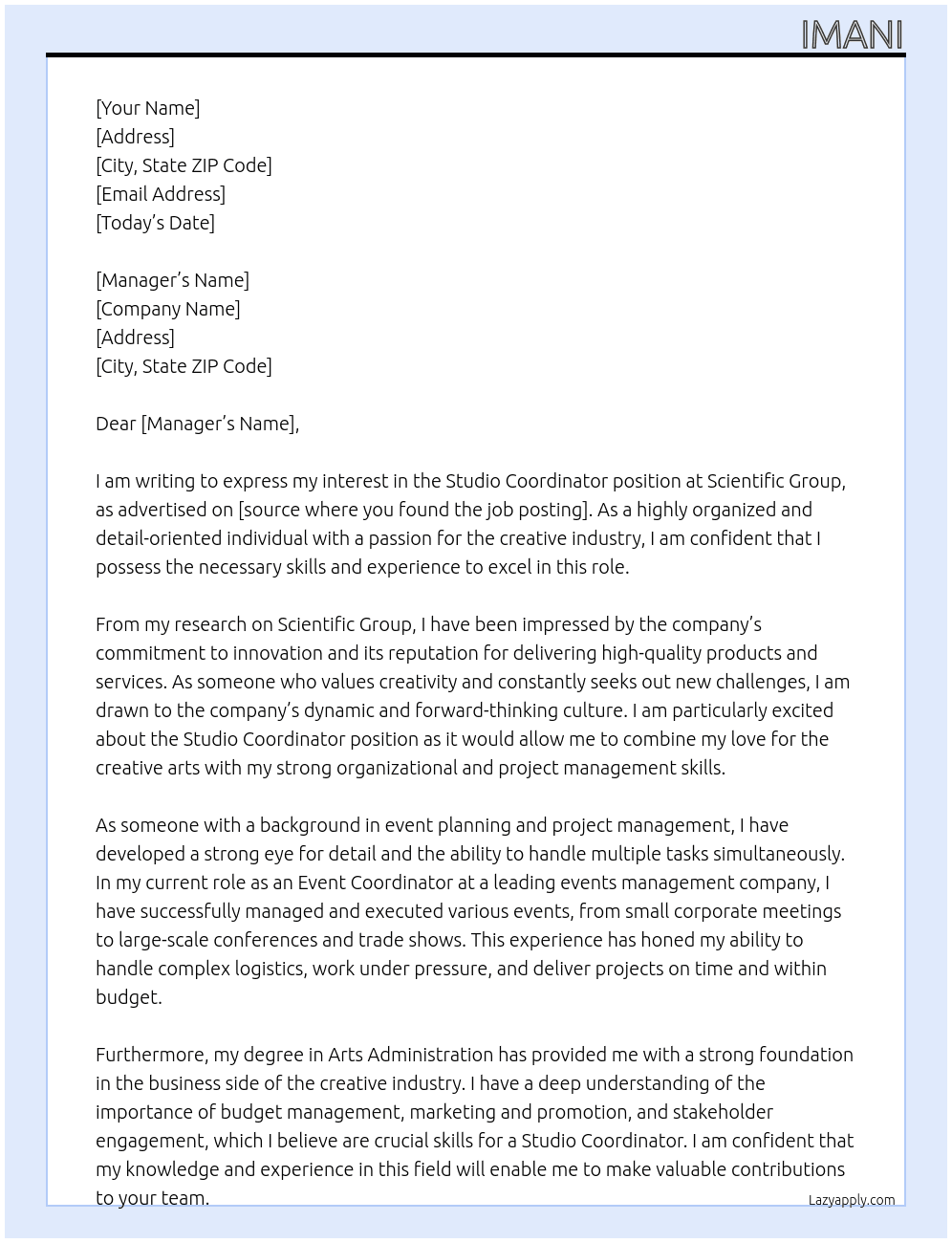 Studio Coordinator  At Scientific group Cover Letter