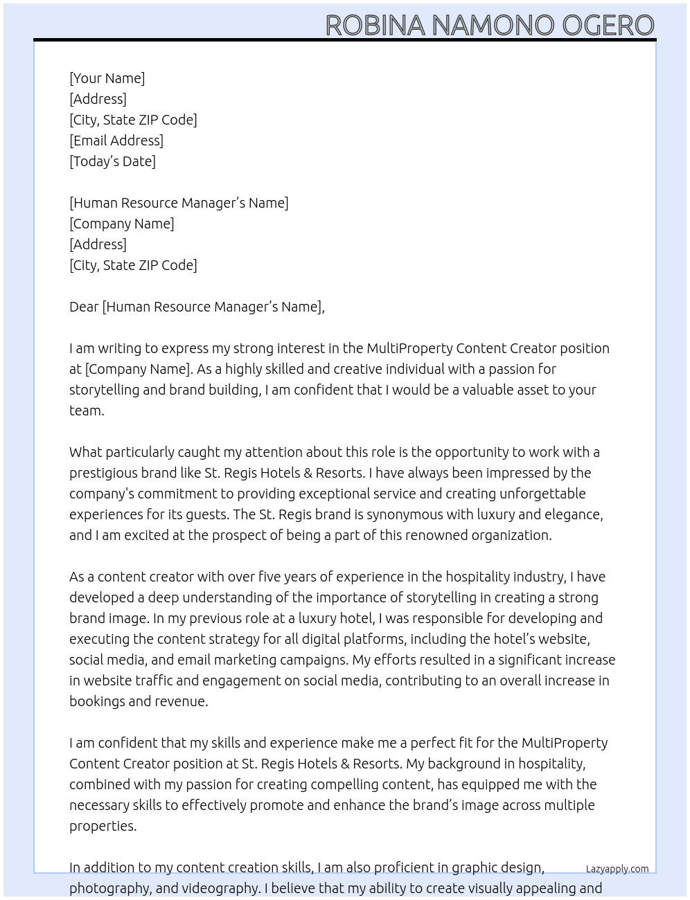 MultiProperty Content Creator At St. Regis Hotels & Resorts Cover Letter