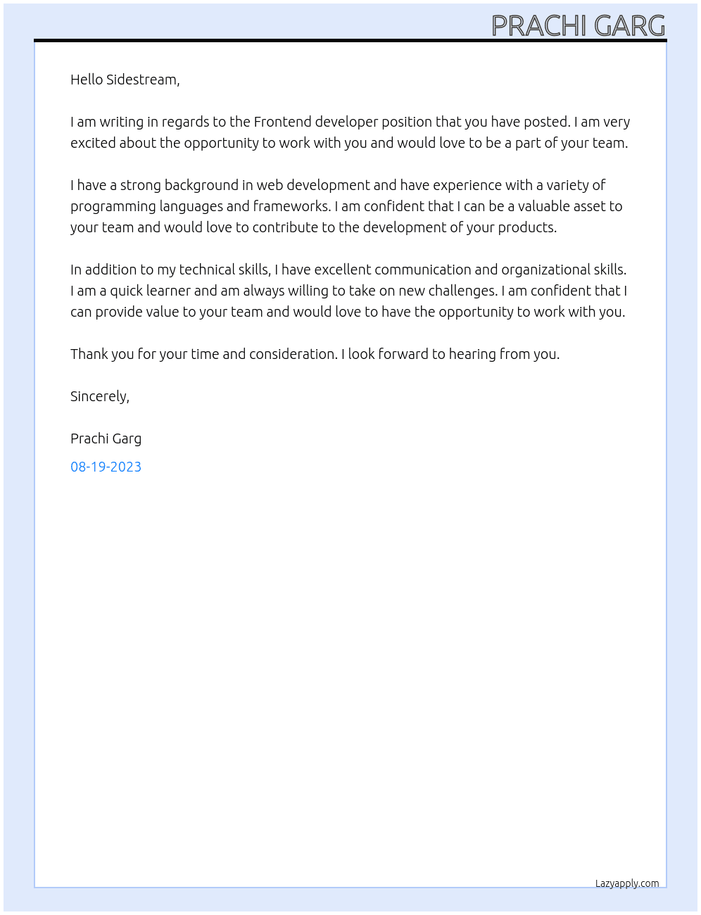 Frontend developer  At SIDESTREAM Cover Letter